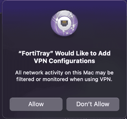 Screenshot of macOS prompt "ForiTray would like to add VPN configurations"