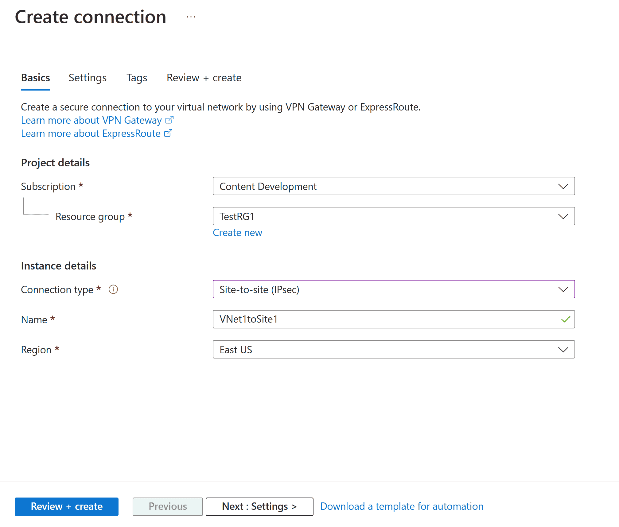 Screenshot that shows the Basics page .