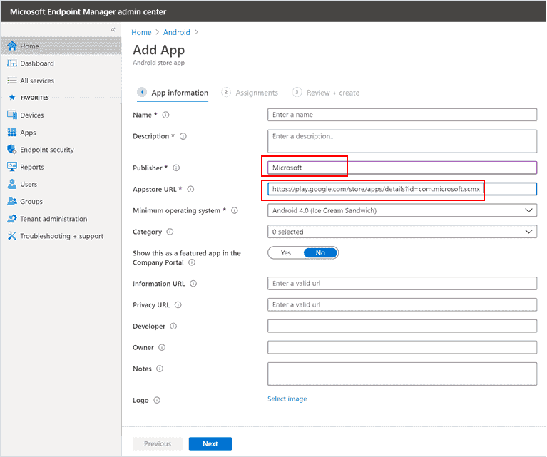The Add App page displaying the application's publisher and URL information in the Microsoft Intune admin center portal
