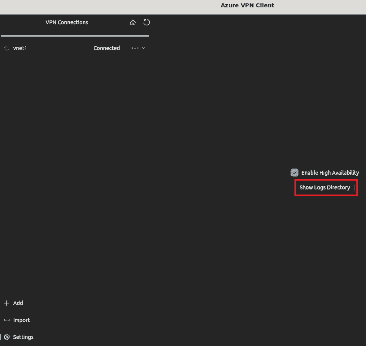 Screenshot of the vpn client showing the Show logs directory option.