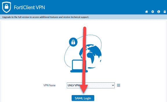 Screenshot of FortiClient VPN start screen with arrow pointed to SAML Login button