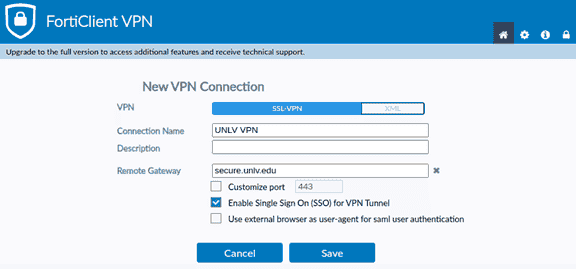 Screenshot of FortiClient VPN with configuration information entered