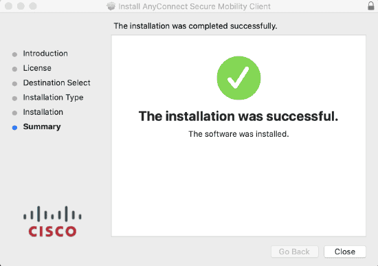 AnyConnect client installation was successful.