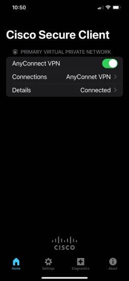 Cisco Secure Client successfully connected. If successful we'll observe the connected status on the Details section of the home page.