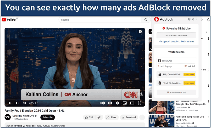 Screenshot of the AdBlock extension widget open while streaming on YouTube ad-free
