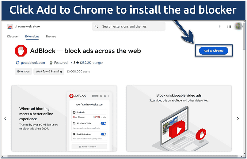 Screenshot of AdBlock on the Chrome Web Store with the