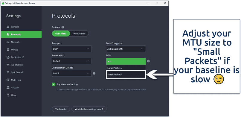 A screenshot of PIA's Protocols settings page with the dropdown menu to change MTU packets size open.
