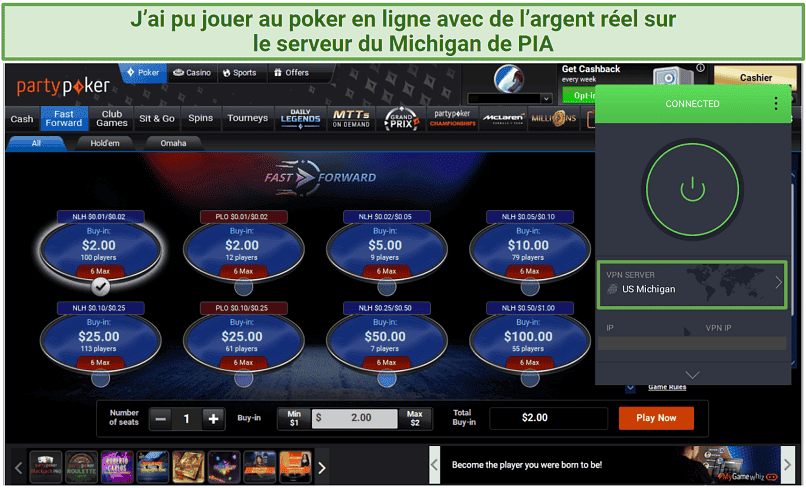 Screenshot of PIA's US Michigan server accessing partypoker