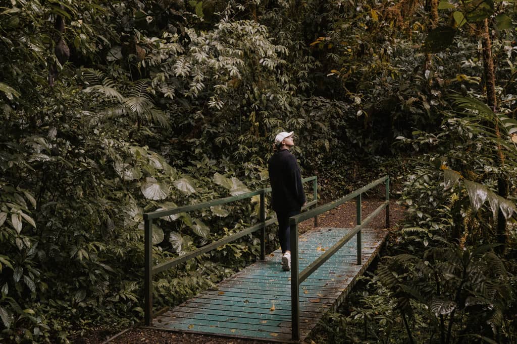 woman on blue bridge in Monteverde Cloud Forest Biological reserve