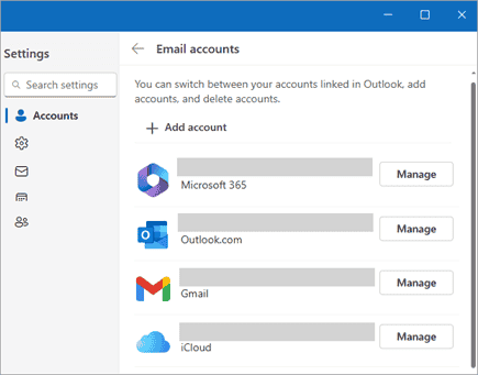 Screenshot of Settings window showing option to manage accounts in new Outlook