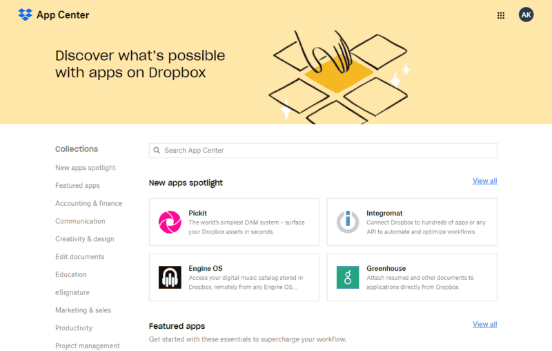 dropbox cloud storage app center