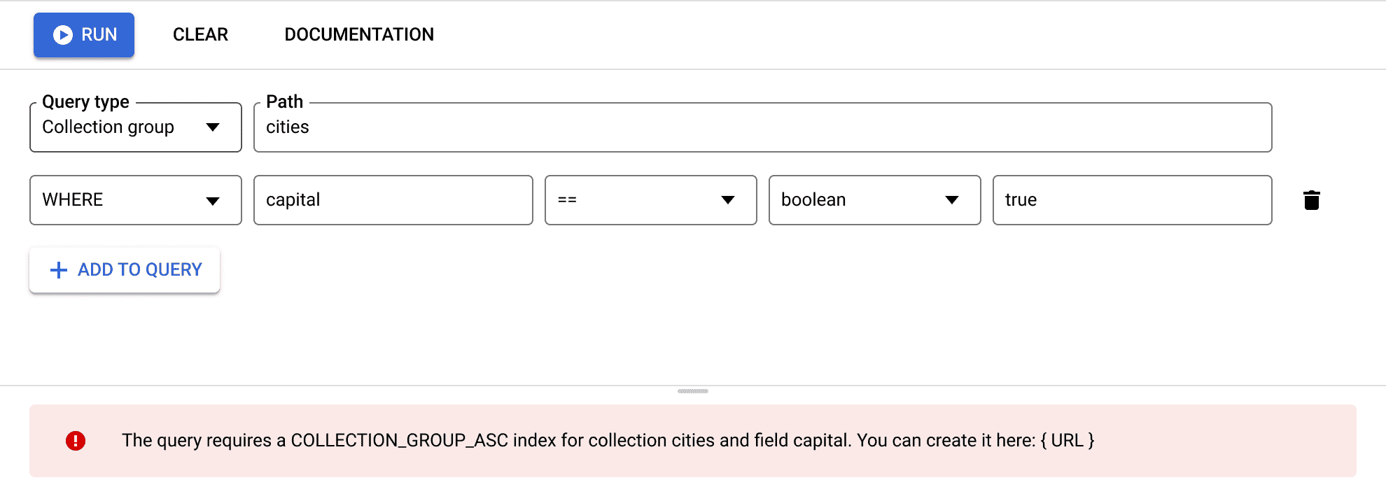 显示错误消息的查询构建器,用于构建查询所需的索引。