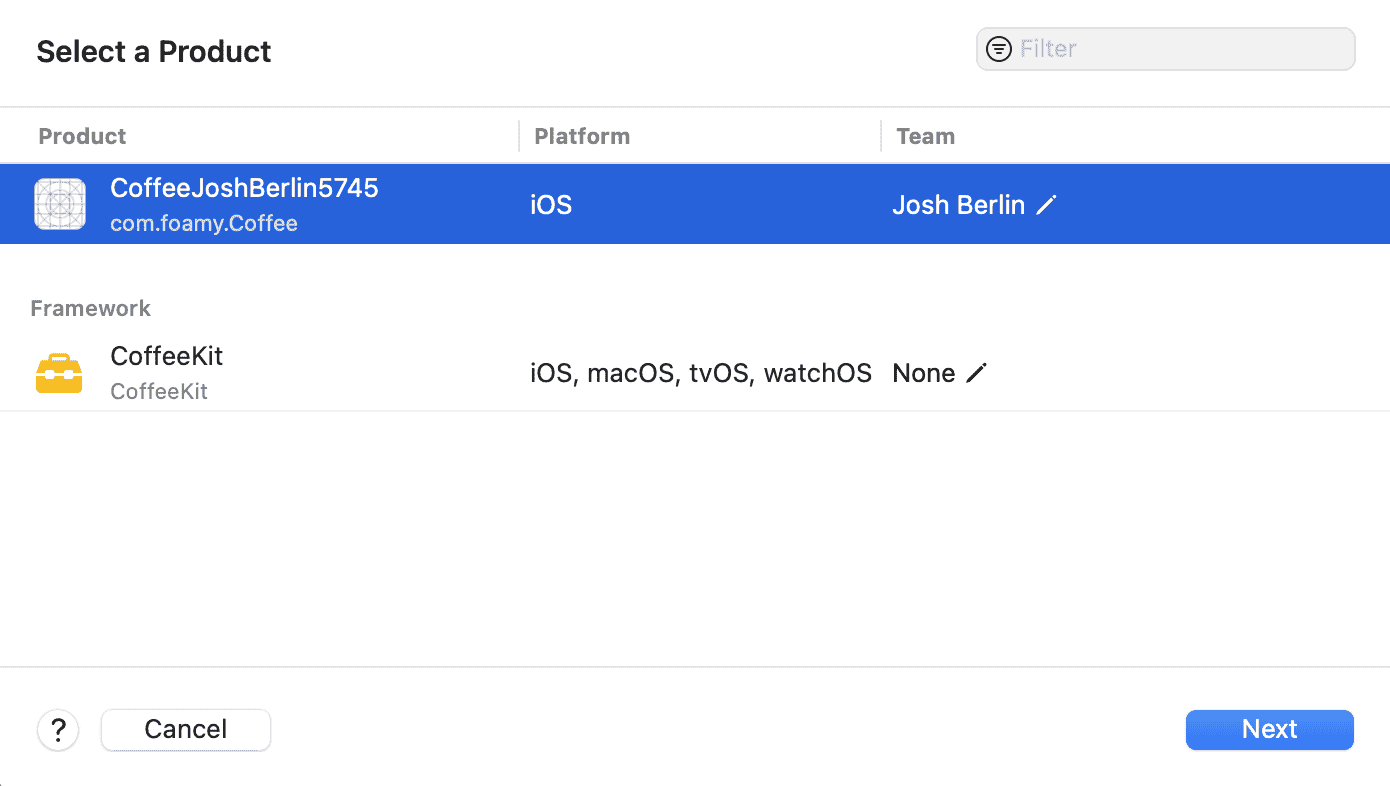 Xcode select product in create workflow