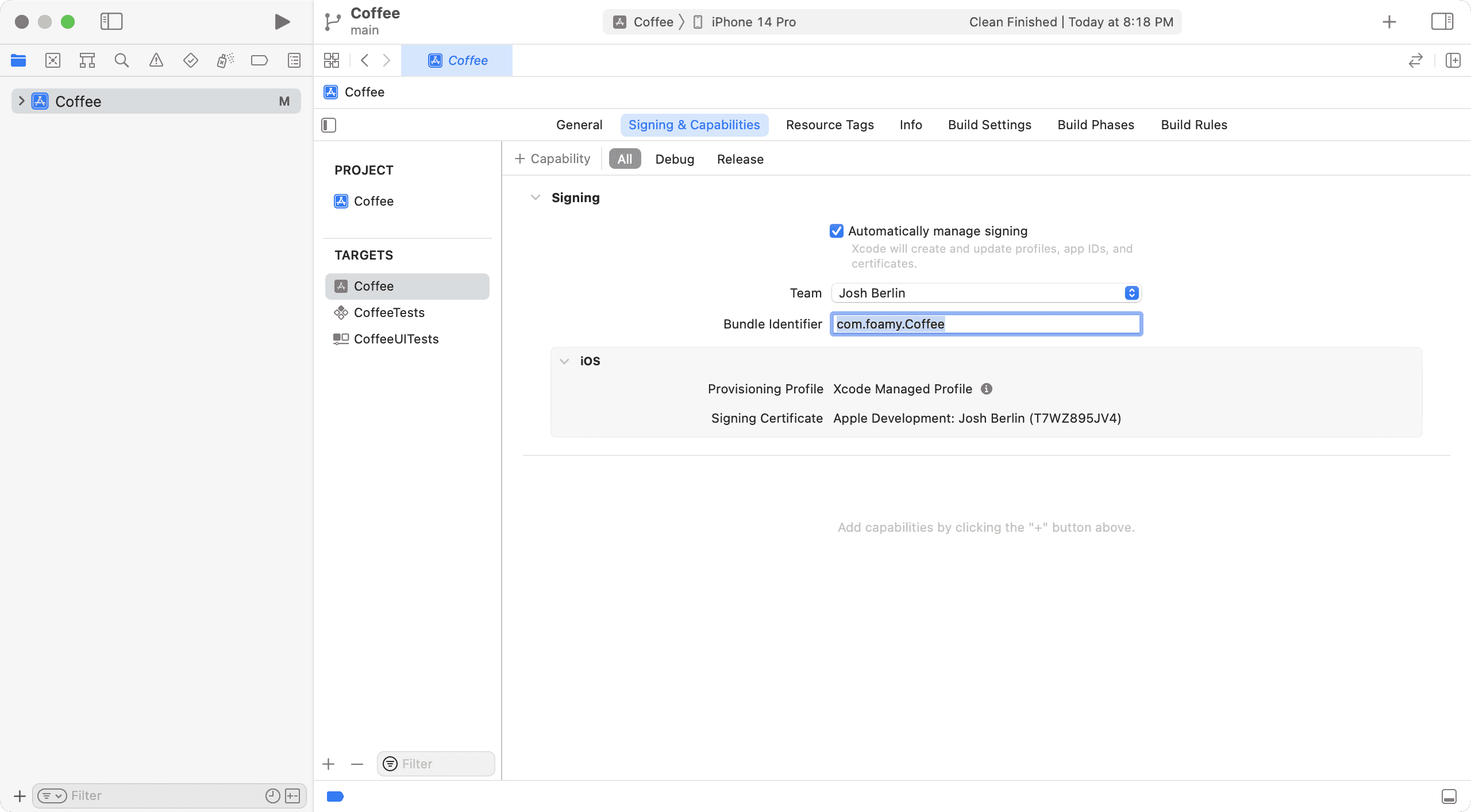 Xcode entered team andbundle identifier