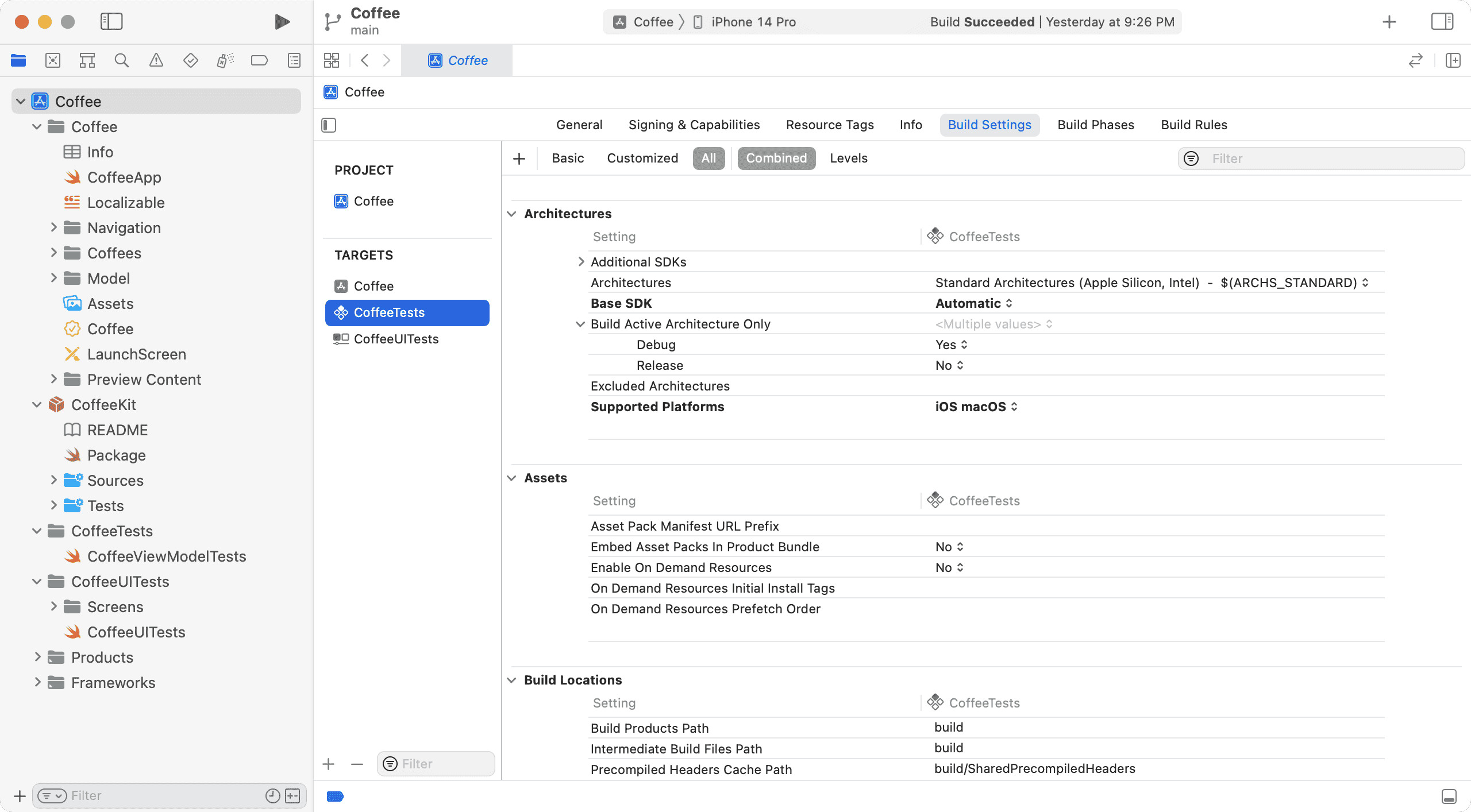 coffee test build settings