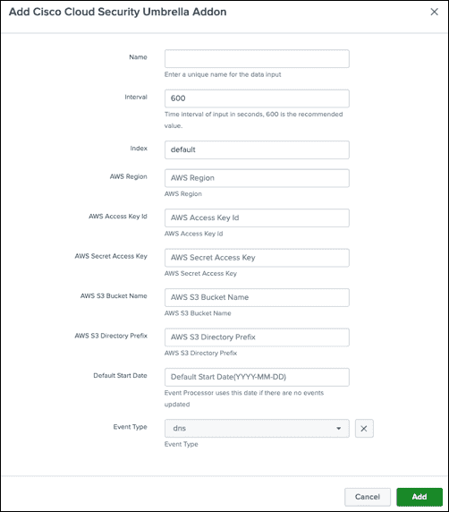 Monitor and correlate Umbrella or Secure Access data for the Cisco Cloud Security Add-On for Splunk