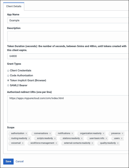 Client Details tab for OAuth client